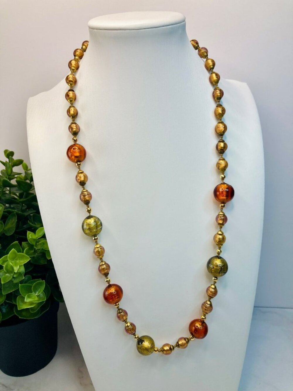 Murano Glass Bead Necklace Gold & Amber Tones -13B